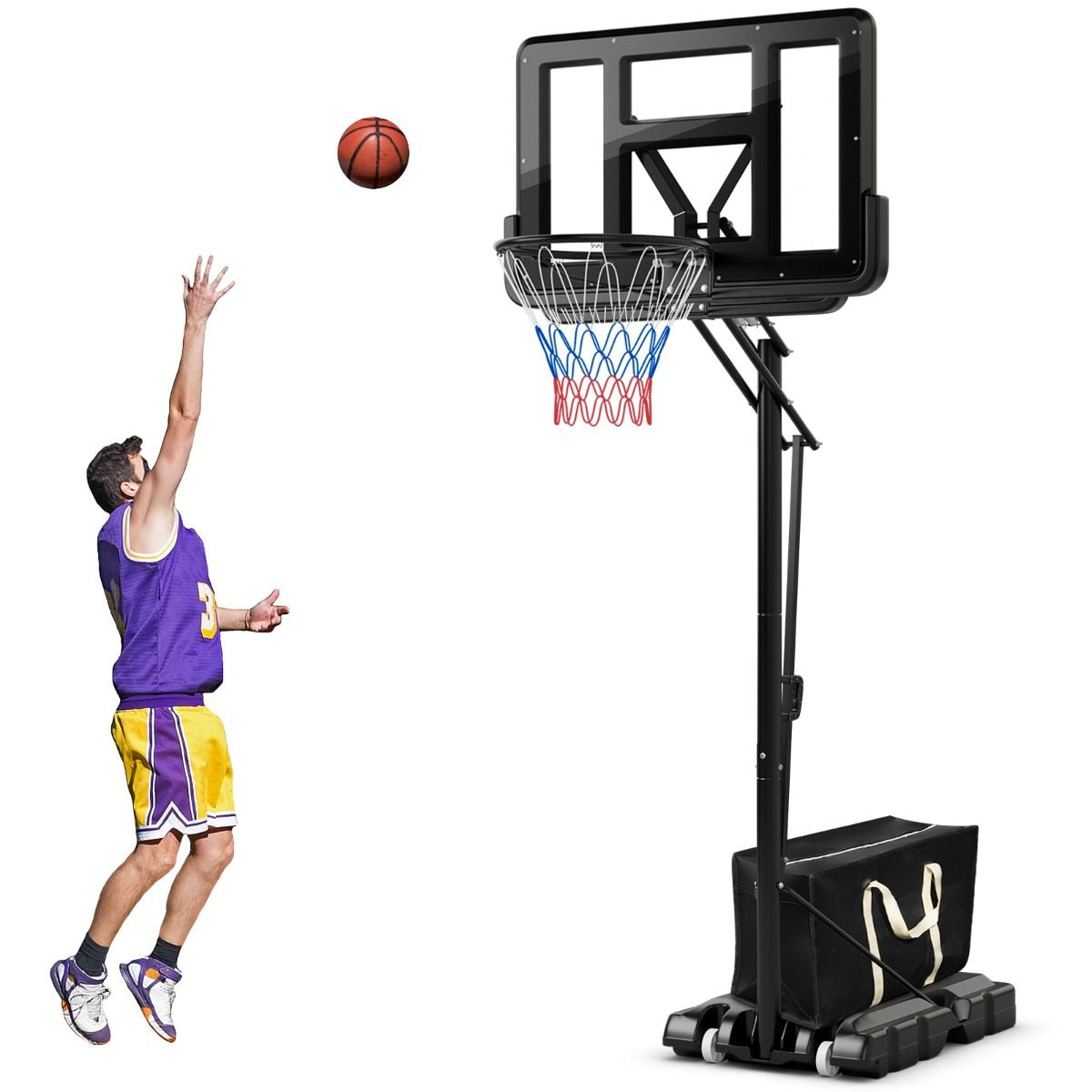 Panier De Basket Portable Sur Pied Avec Roulettes Réglable 245-305 Cm Anneau Arrière 111 Cm Base Remplissable Sac Sécurisé