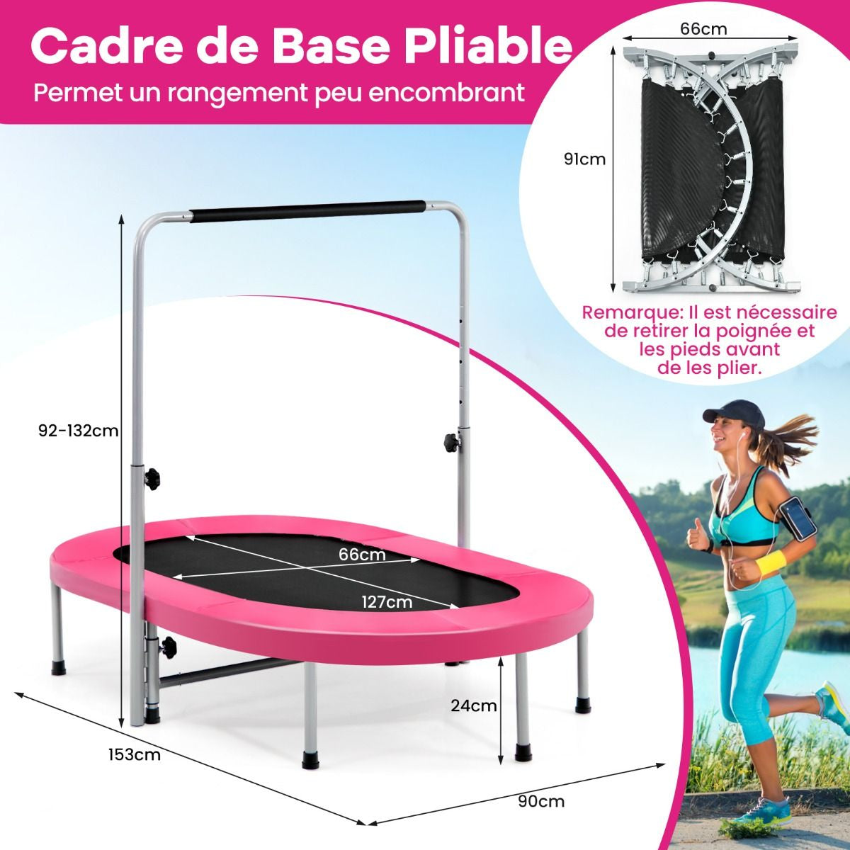 Trampoline Pliable Pour 2 Enfants Intérieur/Extérieur Avec Main Courante Ajustable Coussin Tapis De Saut Charge 150Kg Rouge/Bleu/Rose