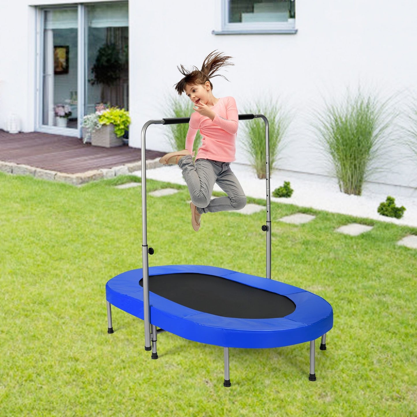 Trampoline Pliable Pour 2 Enfants Intérieur/Extérieur Avec Main Courante Ajustable Coussin Tapis De Saut Charge 150Kg Rouge/Bleu/Rose