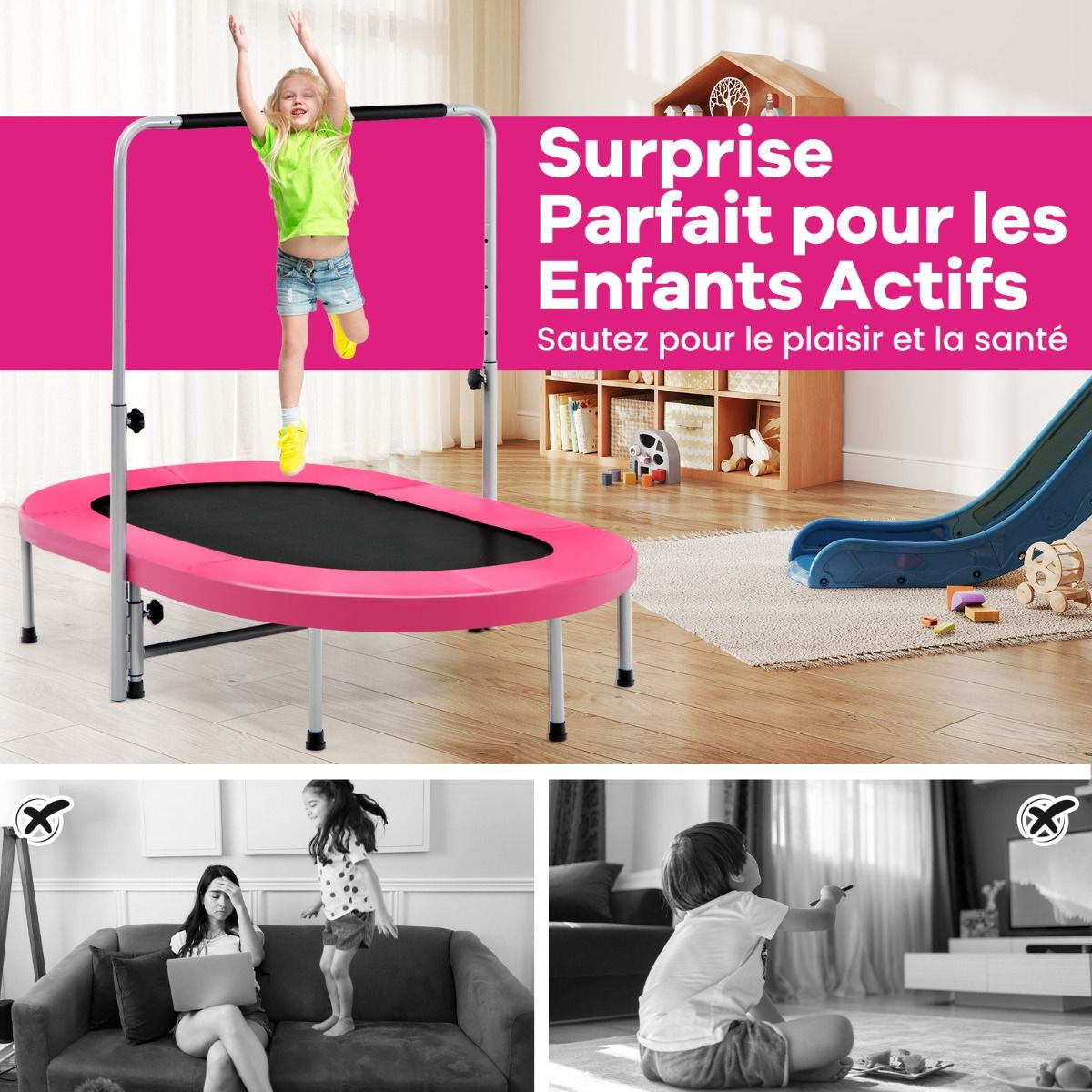 Trampoline Pliable Pour 2 Enfants Intérieur/Extérieur Avec Main Courante Ajustable Coussin Tapis De Saut Charge 150Kg Rouge/Bleu/Rose