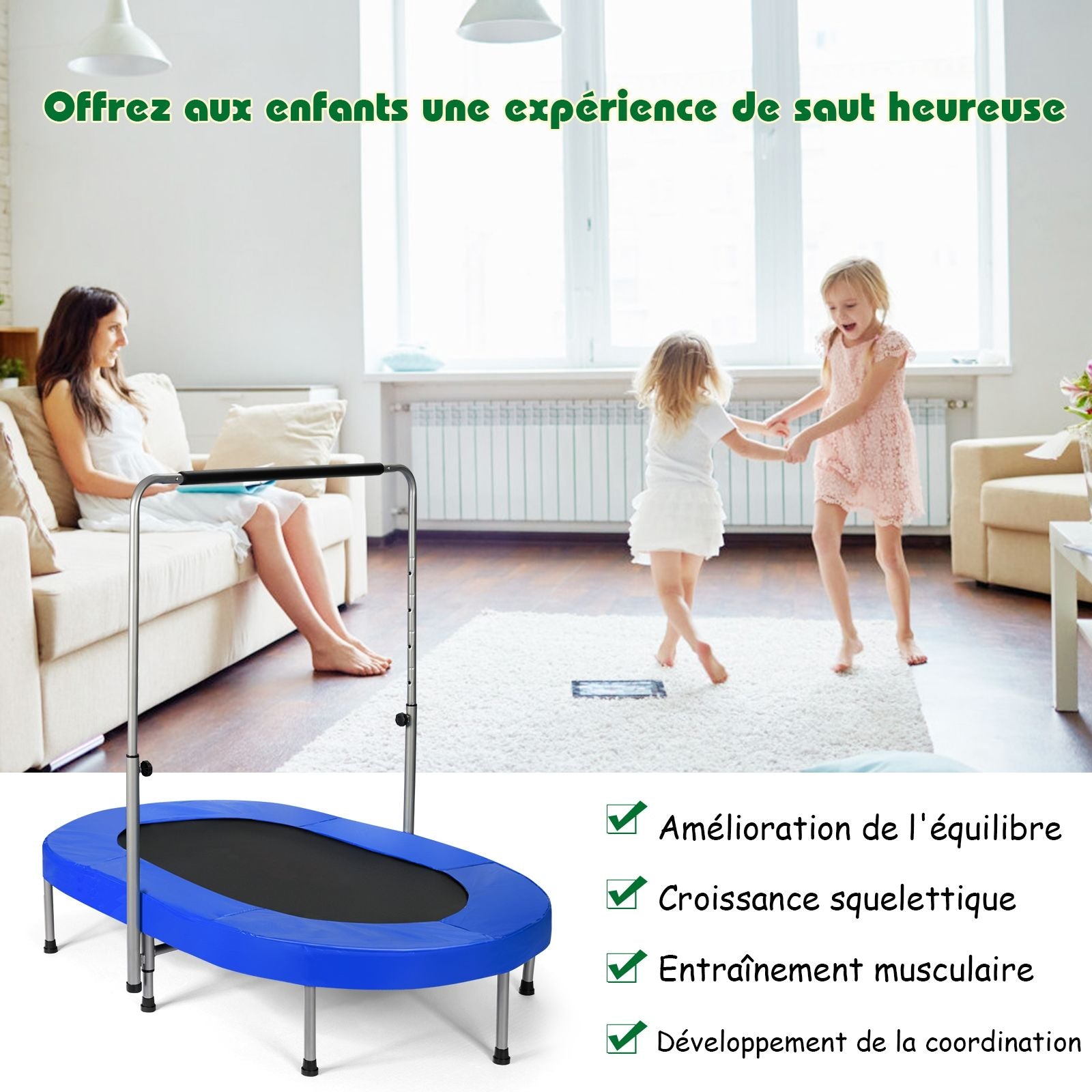 Trampoline Pliable Pour 2 Enfants Intérieur/Extérieur Avec Main Courante Ajustable Coussin Tapis De Saut Charge 150Kg Rouge/Bleu/Rose