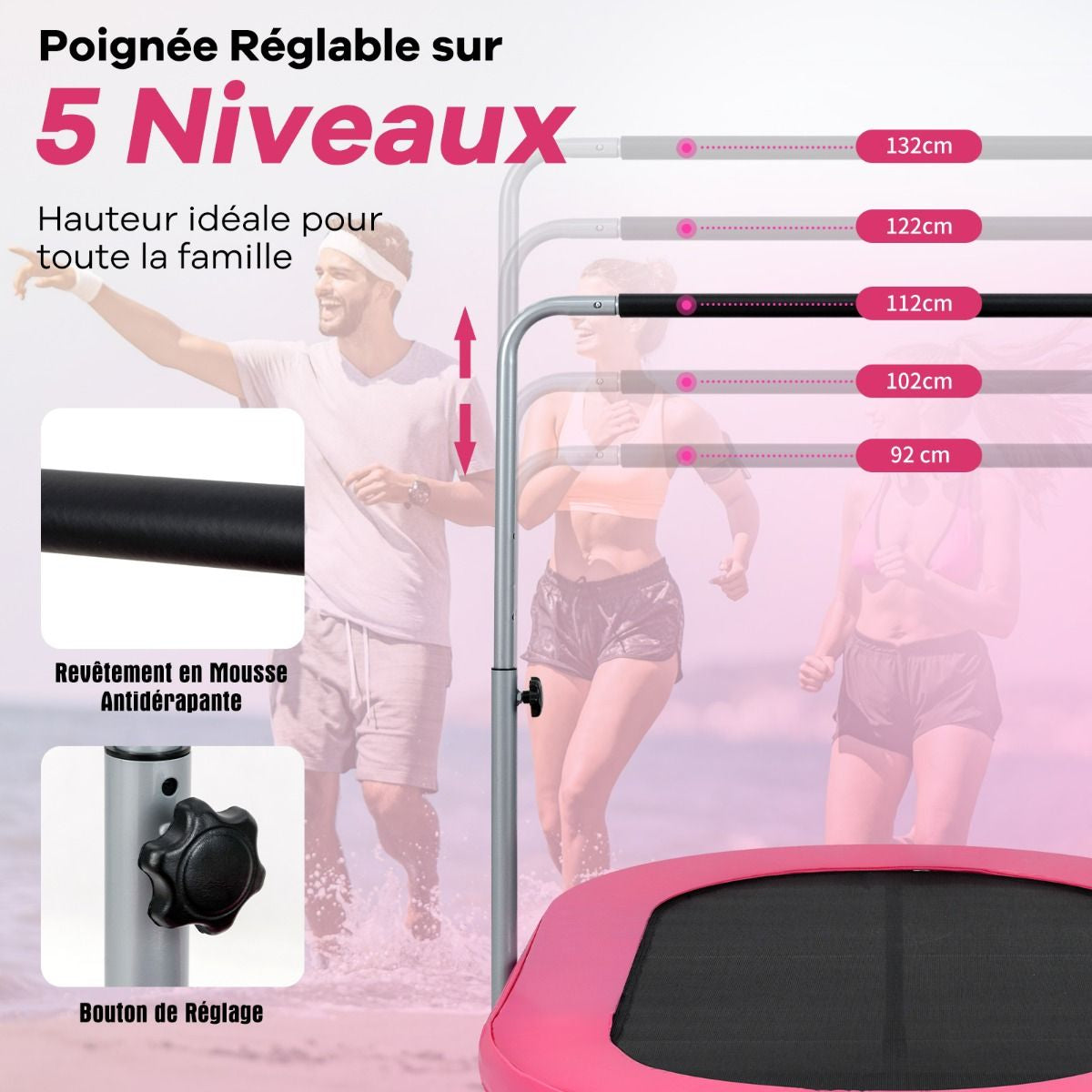 Trampoline Pliable Pour 2 Enfants Intérieur/Extérieur Avec Main Courante Ajustable Coussin Tapis De Saut Charge 150Kg Rouge/Bleu/Rose