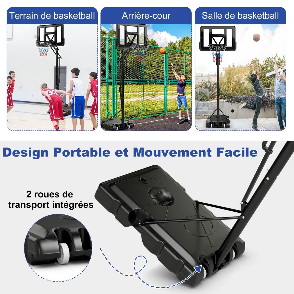 Panier De Basket Portable Sur Pied Avec Roulettes Réglable 245-305 Cm Anneau Arrière 111 Cm Base Remplissable Sac Sécurisé