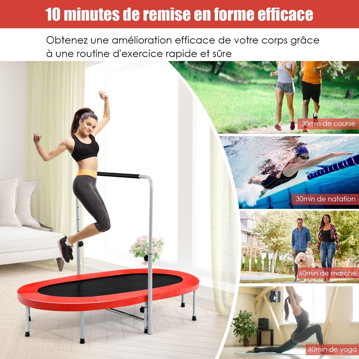 Trampoline Pliable Pour 2 Enfants Intérieur/Extérieur Avec Main Courante Ajustable Coussin Tapis De Saut Charge 150Kg Rouge/Bleu/Rose