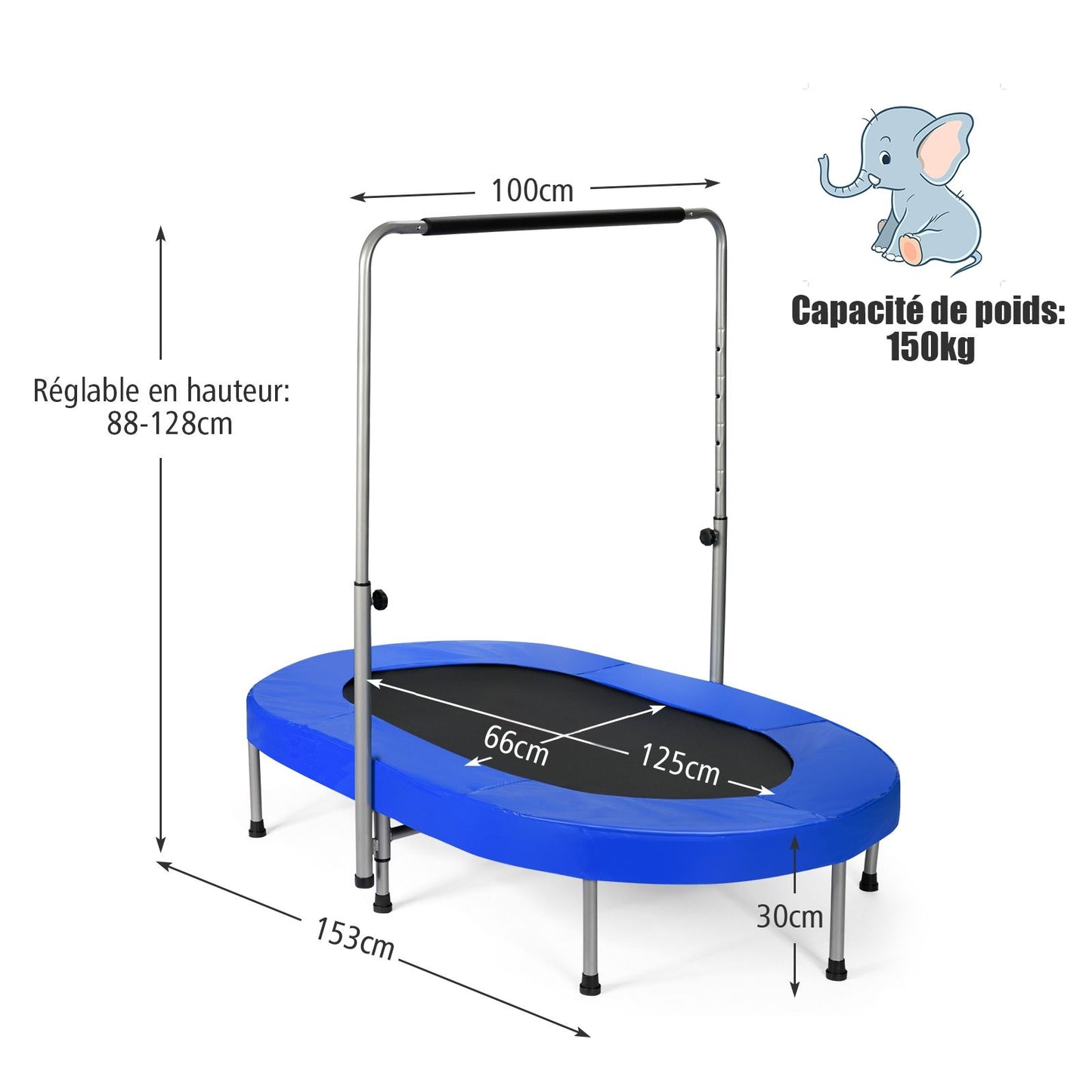 Trampoline Pliable Pour 2 Enfants Intérieur/Extérieur Avec Main Courante Ajustable Coussin Tapis De Saut Charge 150Kg Rouge/Bleu/Rose