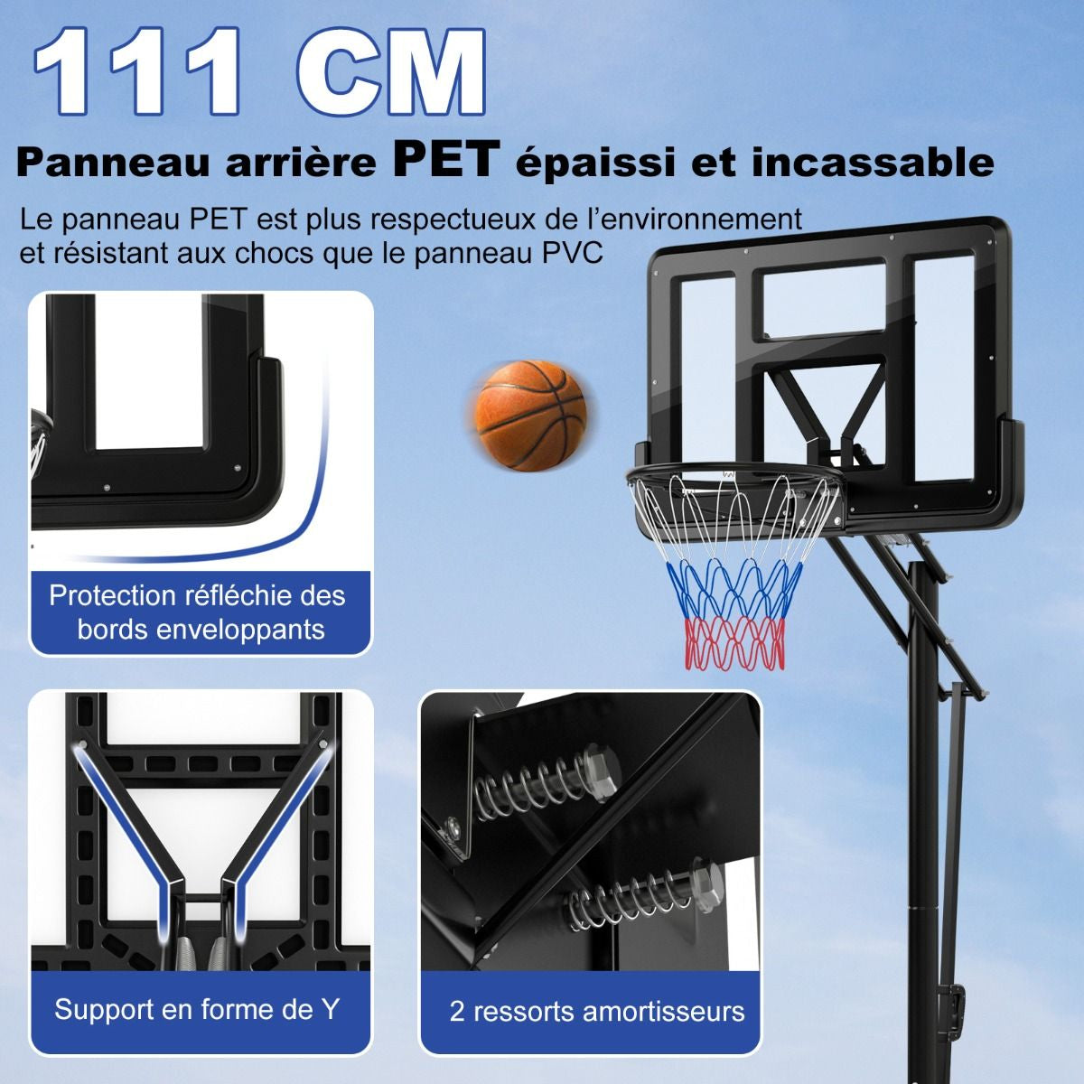 Panier De Basket Portable Sur Pied Avec Roulettes Réglable 245-305 Cm Anneau Arrière 111 Cm Base Remplissable Sac Sécurisé