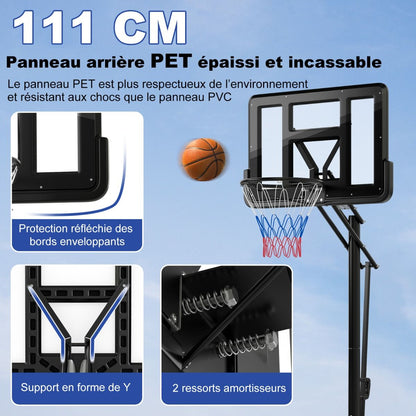 Panier De Basket Portable Sur Pied Avec Roulettes Réglable 245-305 Cm Anneau Arrière 111 Cm Base Remplissable Sac Sécurisé