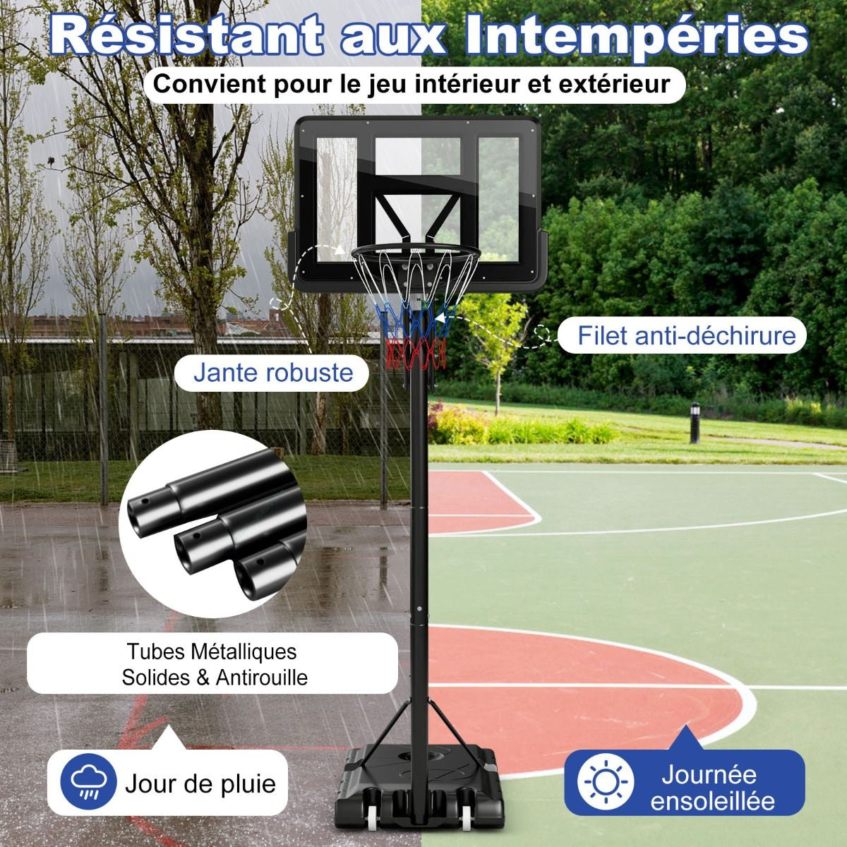 Panier De Basket Portable Sur Pied Avec Roulettes Réglable 245-305 Cm Anneau Arrière 111 Cm Base Remplissable Sac Sécurisé