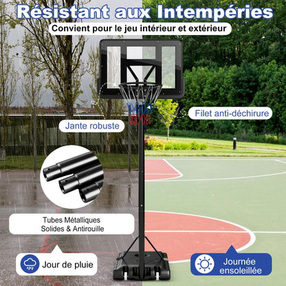 Panier De Basket Portable Sur Pied Avec Roulettes Réglable 245-305 Cm Anneau Arrière 111 Cm Base Remplissable Sac Sécurisé