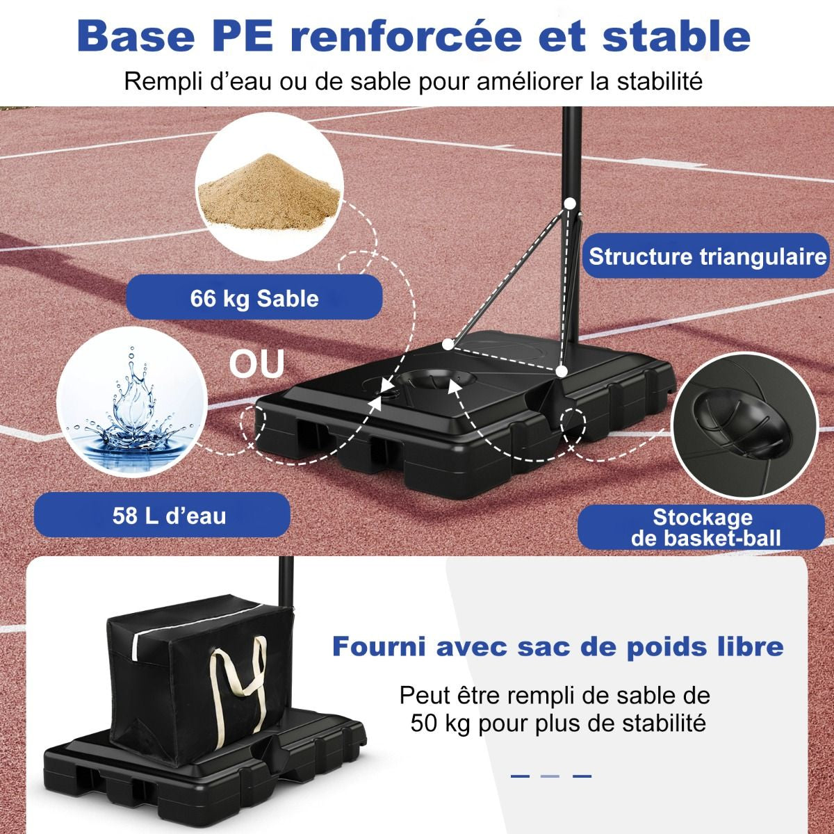 Panier De Basket Portable Sur Pied Avec Roulettes Réglable 245-305 Cm Anneau Arrière 111 Cm Base Remplissable Sac Sécurisé