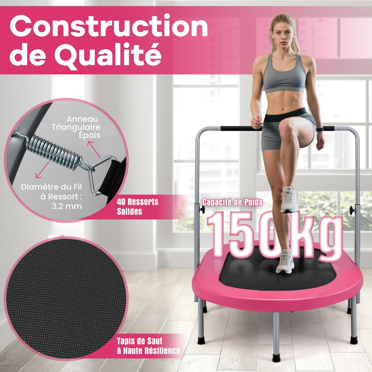 Trampoline Pliable Pour 2 Enfants Intérieur/Extérieur Avec Main Courante Ajustable Coussin Tapis De Saut Charge 150Kg Rouge/Bleu/Rose