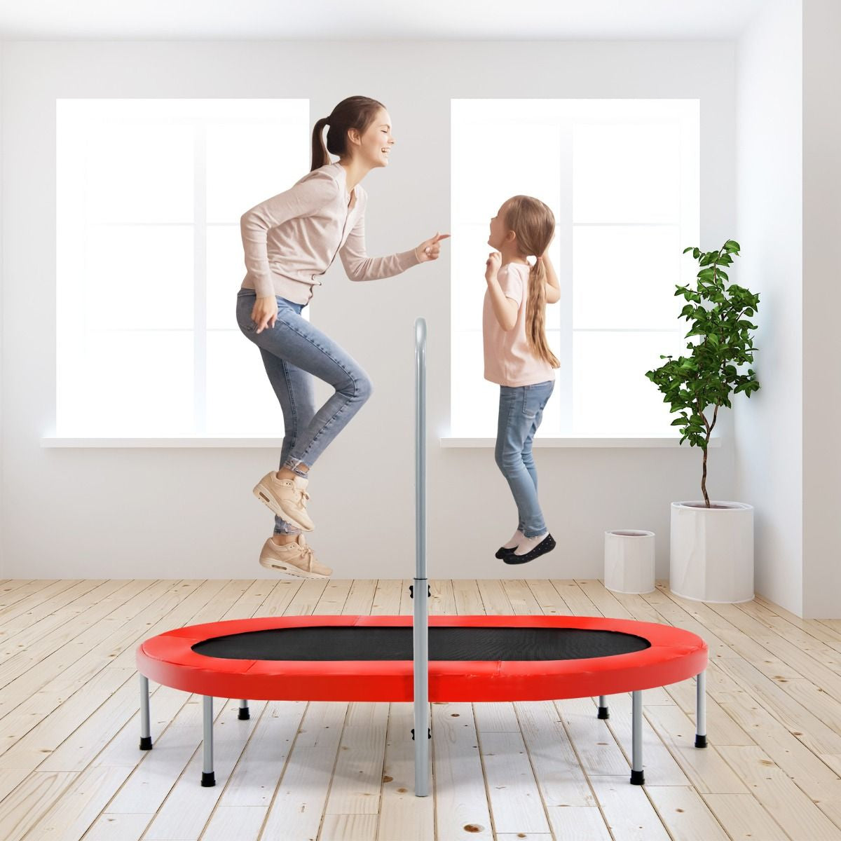 Trampoline Pliable Pour 2 Enfants Intérieur/Extérieur Avec Main Courante Ajustable Coussin Tapis De Saut Charge 150Kg Rouge/Bleu/Rose