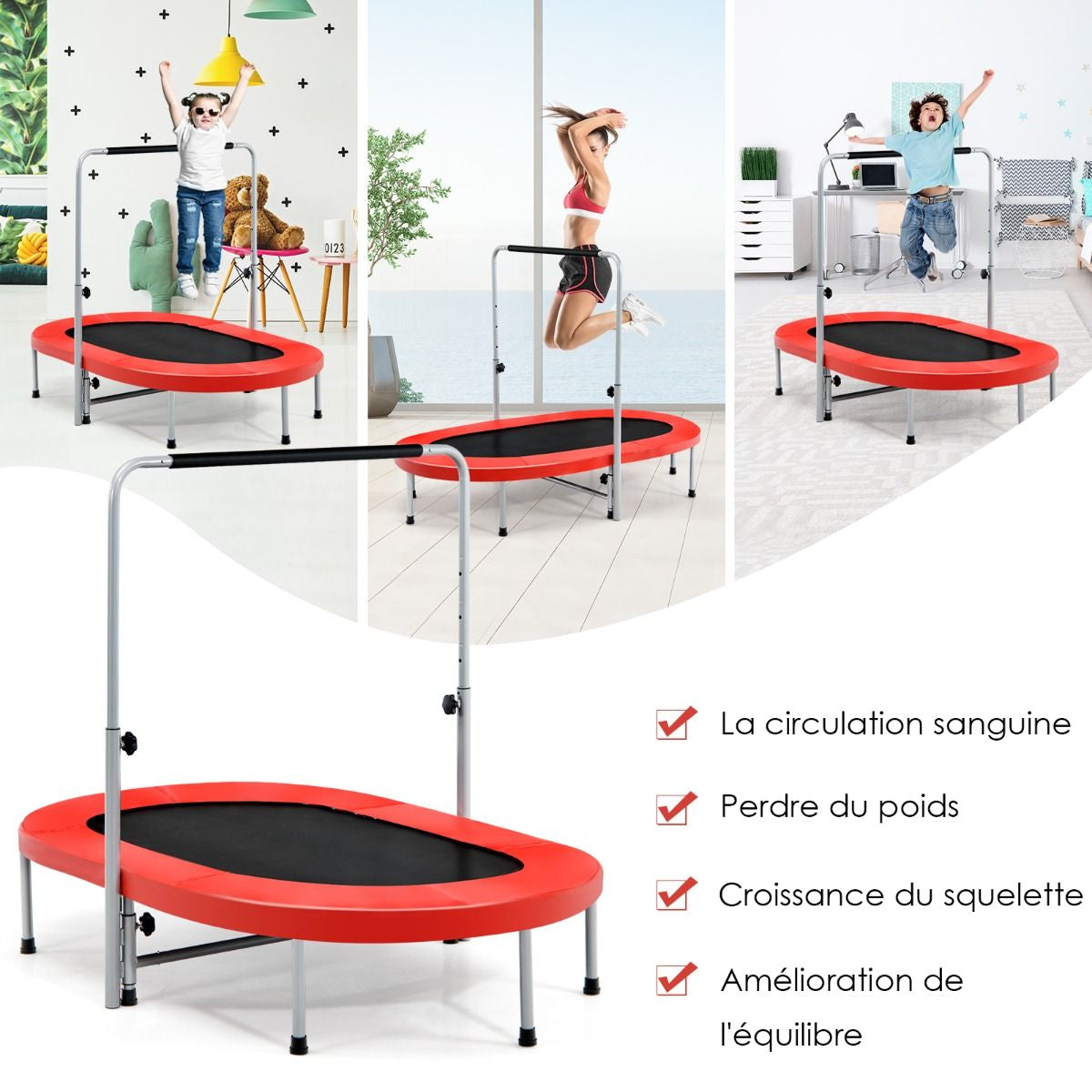 Trampoline Pliable Pour 2 Enfants Intérieur/Extérieur Avec Main Courante Ajustable Coussin Tapis De Saut Charge 150Kg Rouge/Bleu/Rose