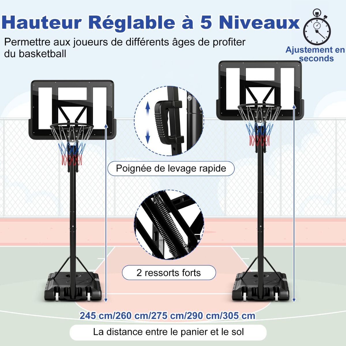 Panier De Basket Portable Sur Pied Avec Roulettes Réglable 245-305 Cm Anneau Arrière 111 Cm Base Remplissable Sac Sécurisé
