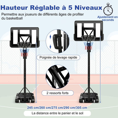 Panier De Basket Portable Sur Pied Avec Roulettes Réglable 245-305 Cm Anneau Arrière 111 Cm Base Remplissable Sac Sécurisé